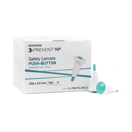 Lancet McKesson Prevent® Fixed Depth Lancet Needle 2.0 mm Depth 25 Gauge Push Button Activation