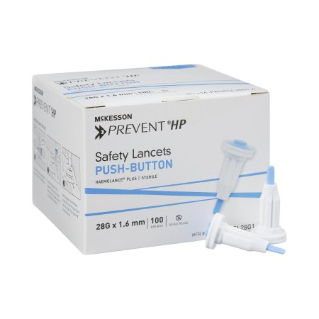 Lancet McKesson Prevent® Fixed Depth Lancet Needle 1.6 mm Depth 28 Gauge Push Button Activation