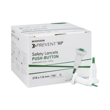 Lancet McKesson Prevent® Fixed Depth Lancet Needle 1.8 mm Depth 21 Gauge Push Button Activation