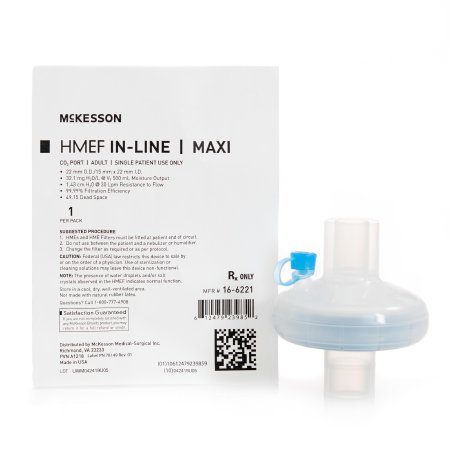 Heat and Moisture Exchanger with Filter McKesson 32.1 mg H2O / L @ VT 500 mL 2.5 cm H20 @ 30 LPM