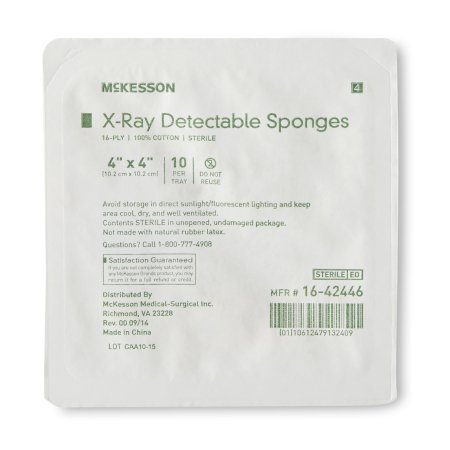 X-Ray Detectable Gauze Sponge McKesson Cotton 16-Ply 4 X 4 Inch Square Sterile