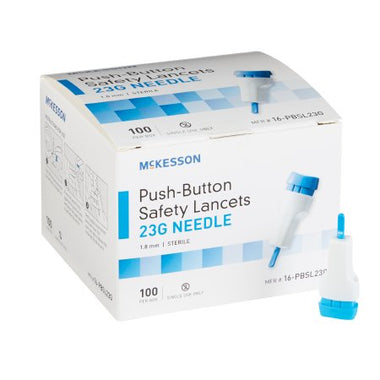 Lancet McKesson Fixed Depth Lancet Blade 1.8 mm Depth 23 Gauge Push Button Activation
