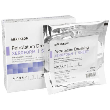 Xeroform Petrolatum Impregnated Dressing McKesson 4 X 4 Inch Gauze Bismuth Tribromophenate (Xeroform) Sterile
